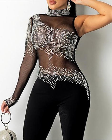 Long Sleeve See Through Bodycon Jumpsuit Women Rhinestone Embellished Sexy Sheer  Mesh Transparent Long Rompers Club Jumpsuits